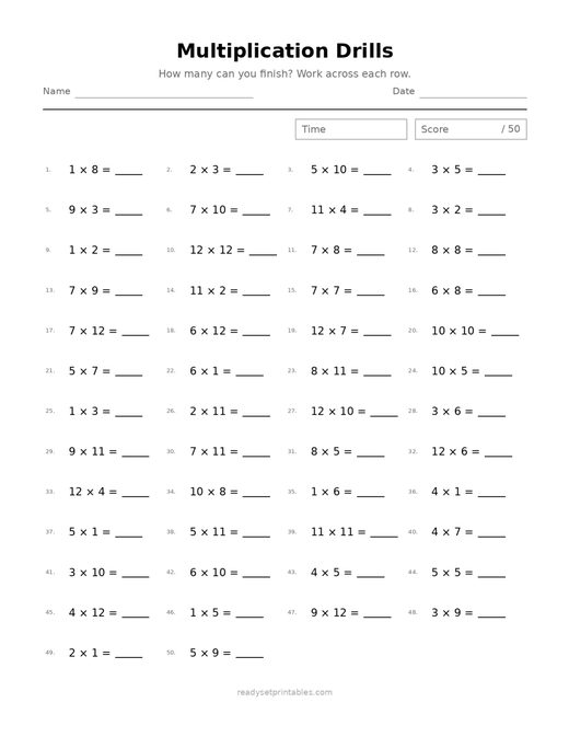 Multiplication Drills 05 — printable Multiplication math worksheet