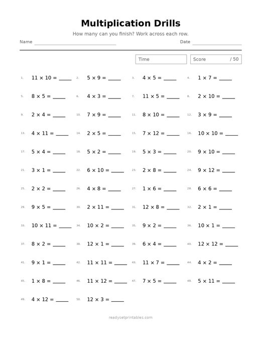 Multiplication Drills 06 — printable Multiplication math worksheet