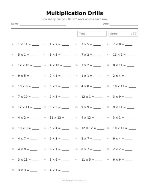 Multiplication Drills 08 — printable Multiplication math worksheet