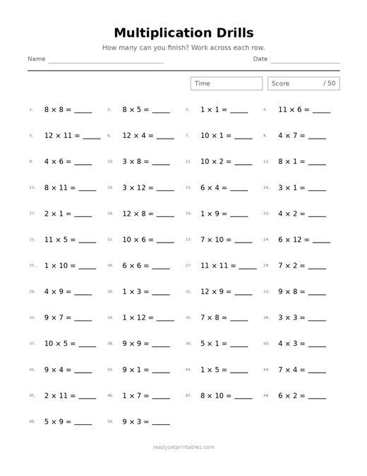 Multiplication Drills 09 — printable Multiplication math worksheet