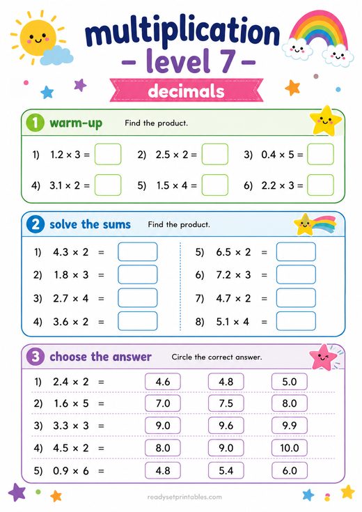 Multiplying Decimals Worksheet — printable Multiplication math worksheet