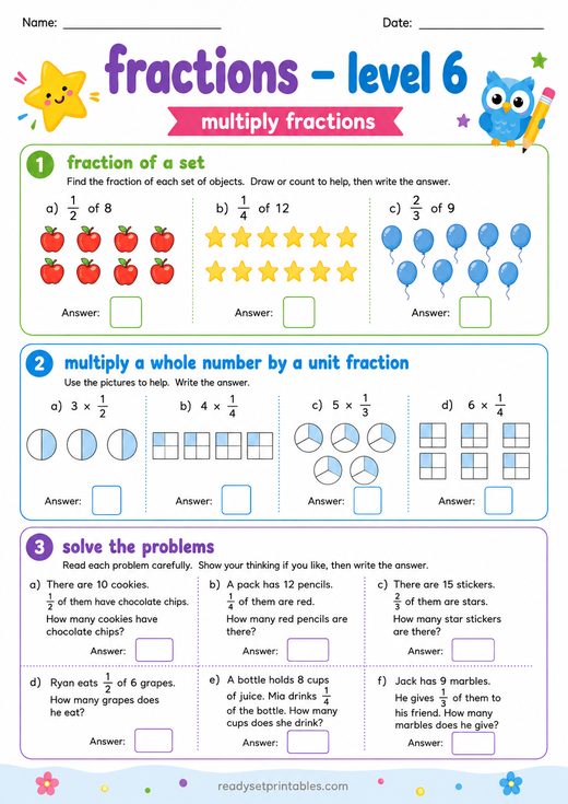 Multiplying Fractions Worksheet — printable Fractions math worksheet