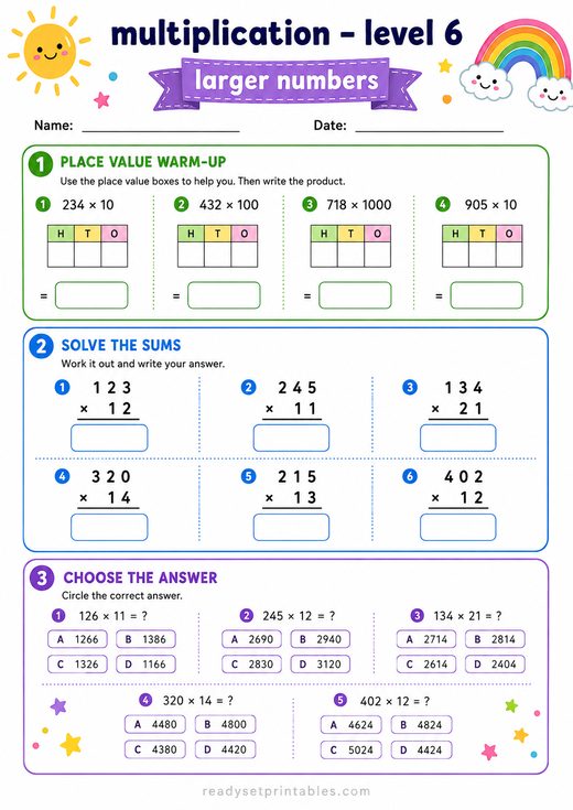 Multiplying Large Numbers Worksheet — printable Multiplication math worksheet