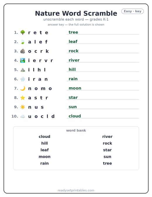Nature word scramble puzzle, easy answer key — free printable