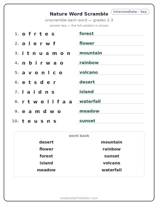 Nature word scramble puzzle, intermediate answer key — free printable