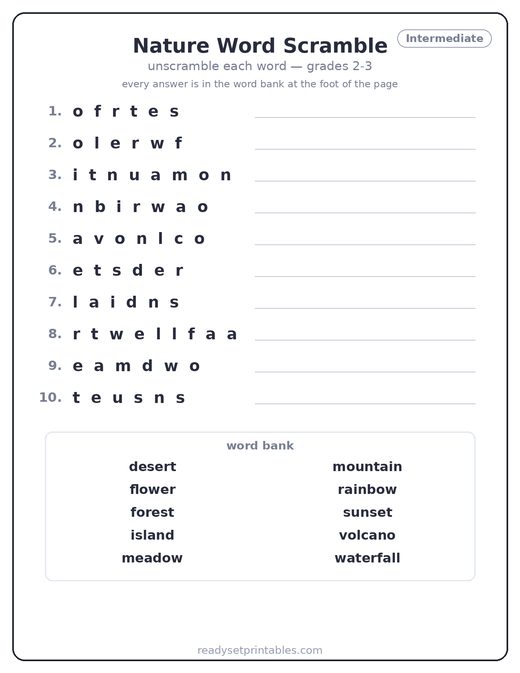 Nature word scramble puzzle, intermediate — free printable