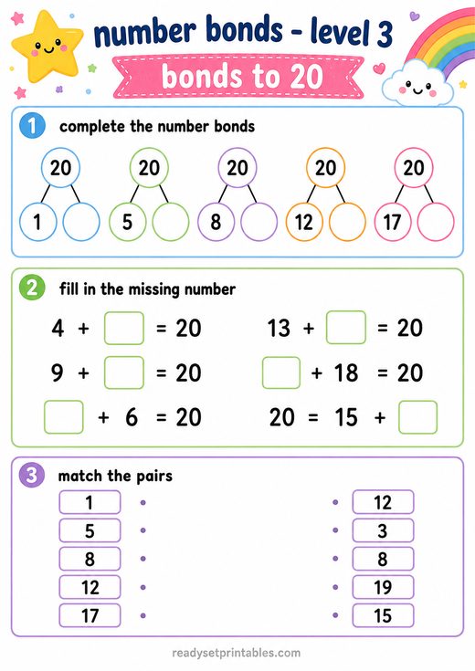 Number Bonds to 20 Worksheet — printable Number Bonds math worksheet