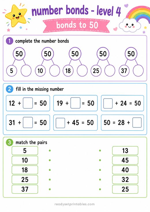 Number Bonds to 50 Worksheet — printable Number Bonds math worksheet