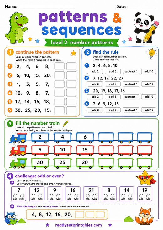 Number Patterns Worksheet — printable Patterns & Sequences math worksheet