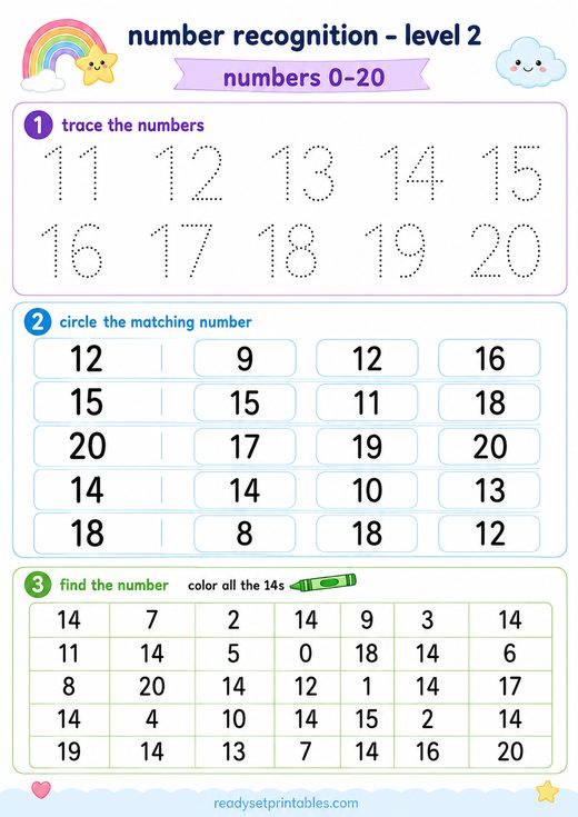 Number Recognition 0 to 20 Worksheet — printable Number Recognition math worksheet