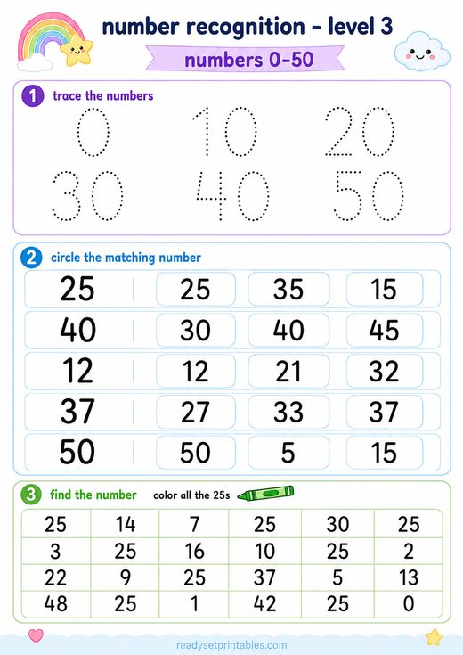Number Recognition 0 to 50 Worksheet — printable Number Recognition math worksheet