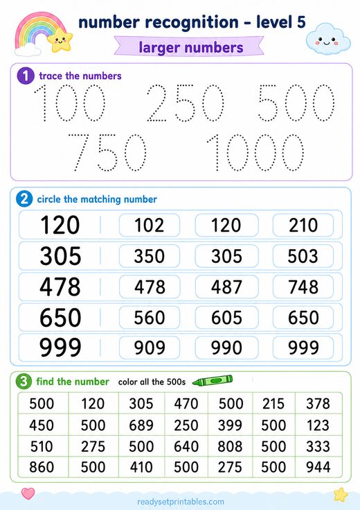 Number Recognition Large Numbers Worksheet — printable Number Recognition math worksheet