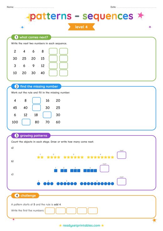 Number Sequences Worksheet — printable Patterns & Sequences math worksheet