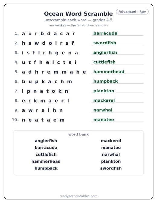 Ocean word scramble puzzle, advanced answer key — free printable