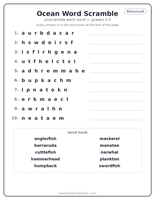 Ocean word scramble puzzle, advanced — free printable