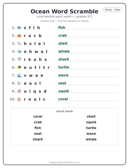 Ocean word scramble puzzle, easy answer key — free printable