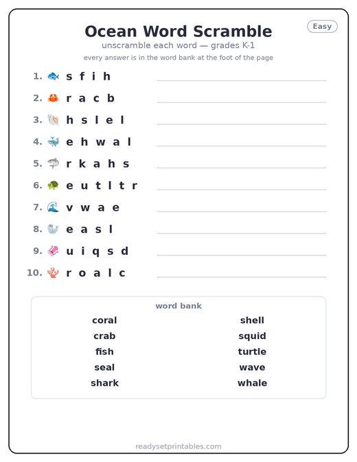 Ocean Word Scrambles