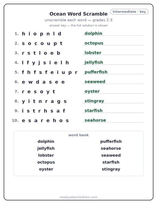 Ocean word scramble puzzle, intermediate answer key — free printable