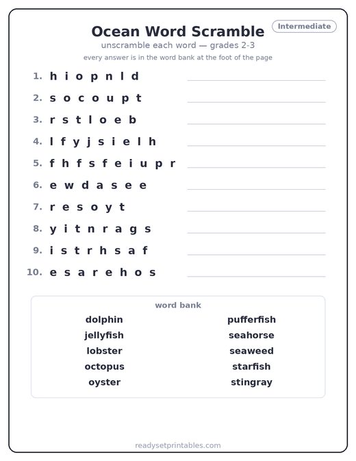 Ocean word scramble puzzle, intermediate — free printable