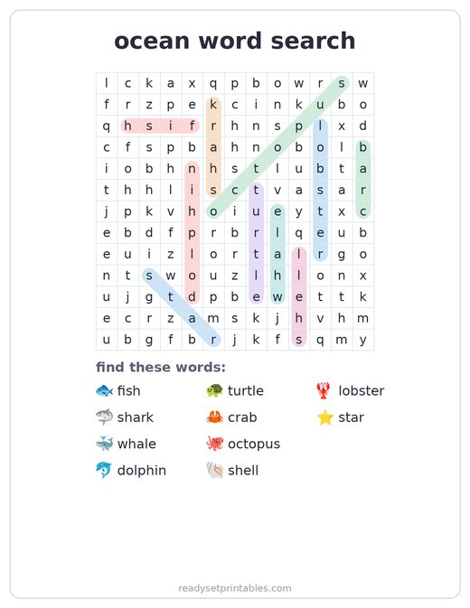 Ocean word search answer key — free printable for kids