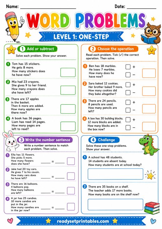 One Step Word Problems Worksheet — printable Word Problems math worksheet
