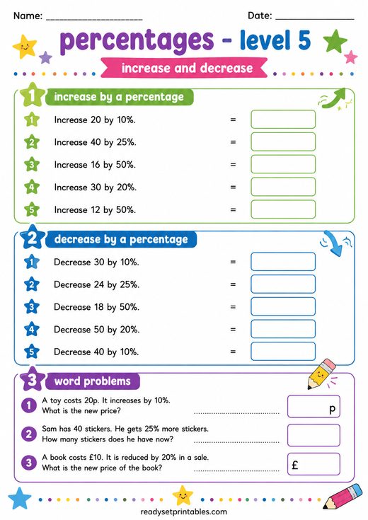 Percentage Increase and Decrease Worksheet — printable Percentages math worksheet