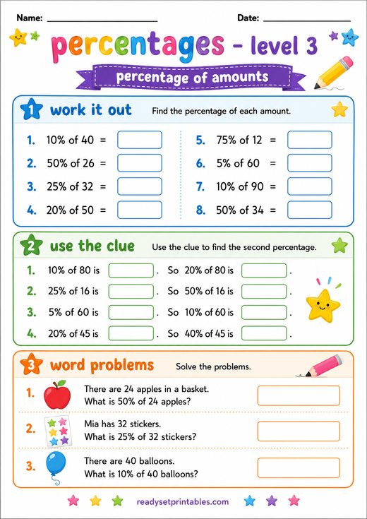 Percentage of Amounts Worksheet — printable Percentages math worksheet