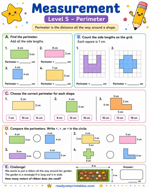Perimeter Worksheet — printable Measurement math worksheet