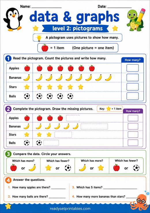 Pictograms Worksheet — printable Data & Graphs math worksheet