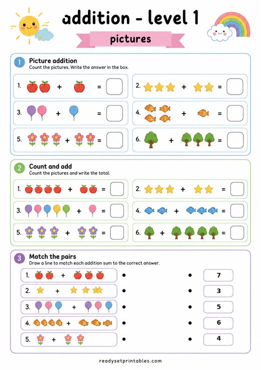 Picture Addition Worksheet — printable Addition math worksheet
