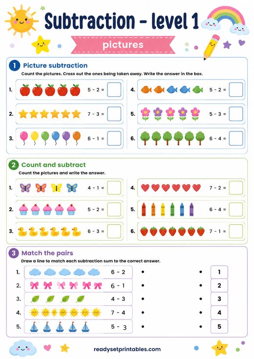 Picture Subtraction Worksheet — printable Subtraction math worksheet