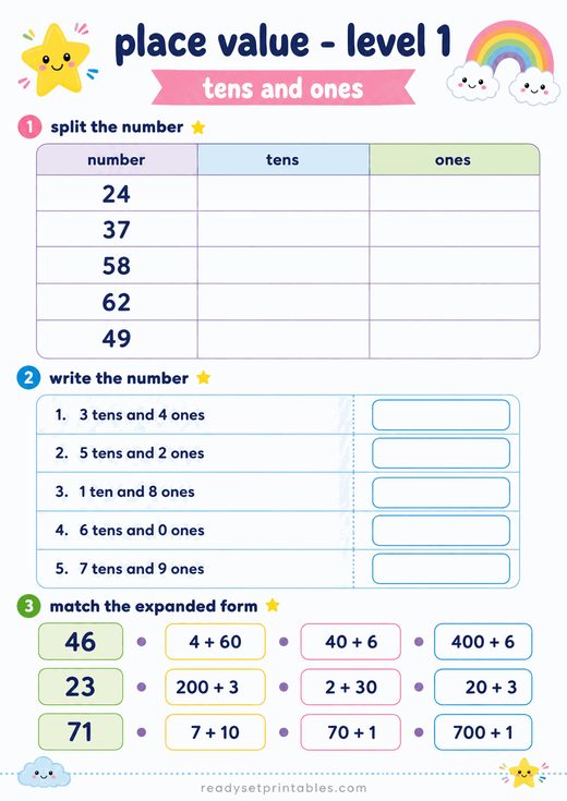 Place Value Tens and Ones Worksheet — printable Place Value math worksheet