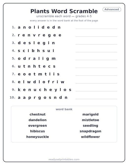Plants word scramble puzzle, advanced — free printable