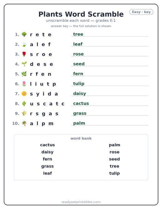 Plants word scramble puzzle, easy answer key — free printable