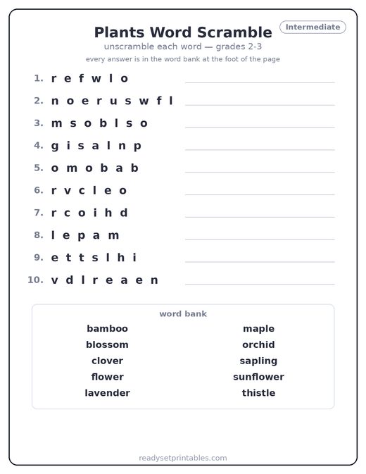 Plants word scramble puzzle, intermediate — free printable