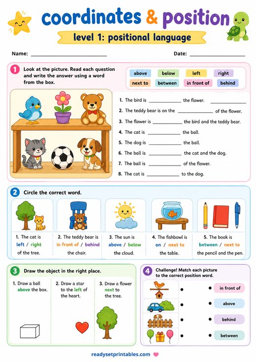 Positional Language Worksheet — printable Coordinates & Position math worksheet