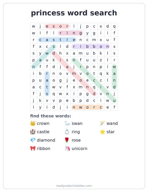 Princess word search answer key — free printable for kids