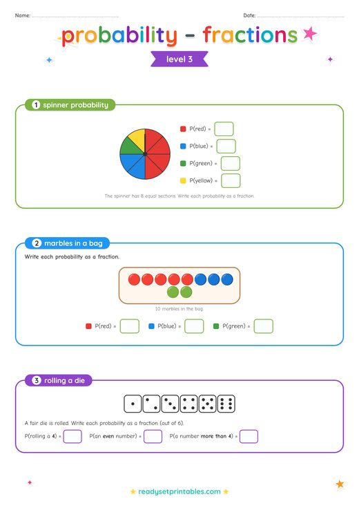 Probability as Fractions Worksheet — printable Probability math worksheet