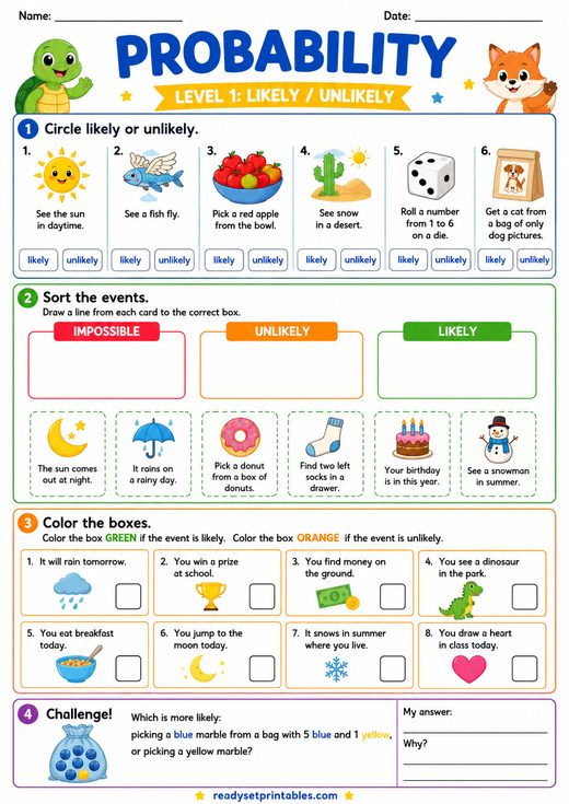 Probability Likely or Unlikely Worksheet — printable Probability math worksheet