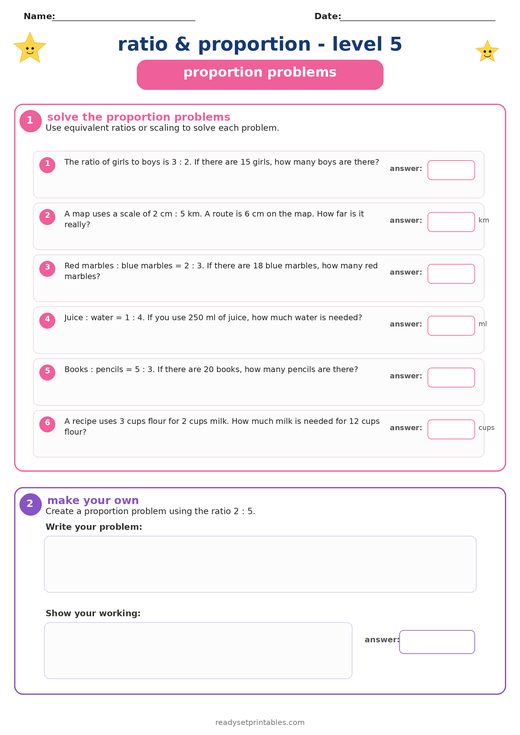 Proportion Word Problems Worksheet — printable Ratio & Proportion math worksheet