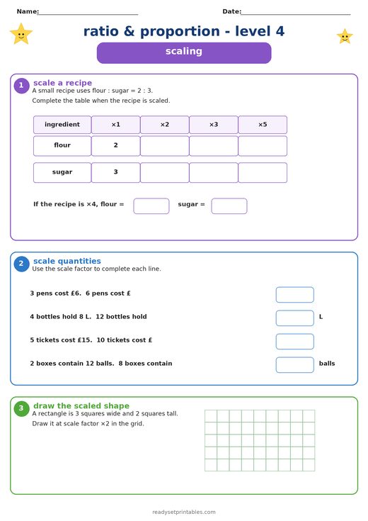 Ratio Scaling Worksheet — printable Ratio & Proportion math worksheet