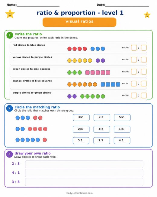 Ratio Visual Introduction Worksheet — printable Ratio & Proportion math worksheet