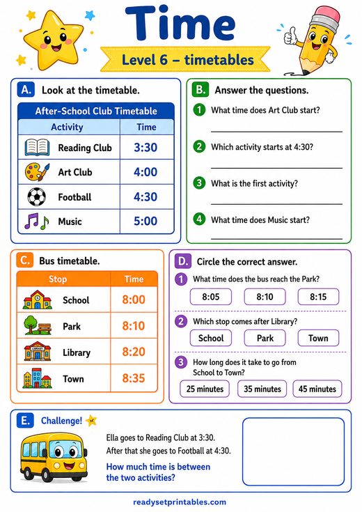 Reading Timetables Worksheet — printable Telling Time math worksheet