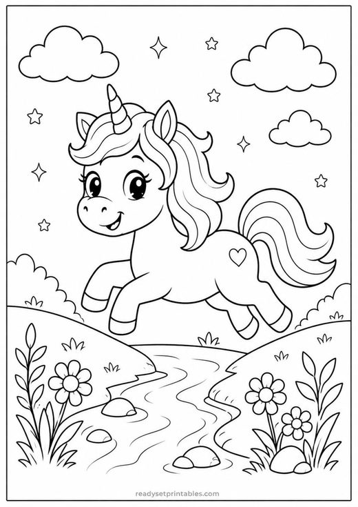 running unicorn coloring page — free printable coloring sheet for kids
