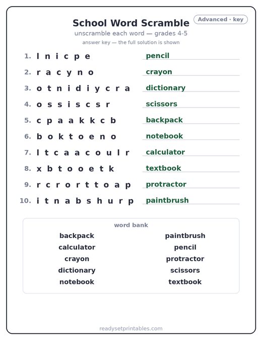 School word scramble puzzle, advanced answer key — free printable