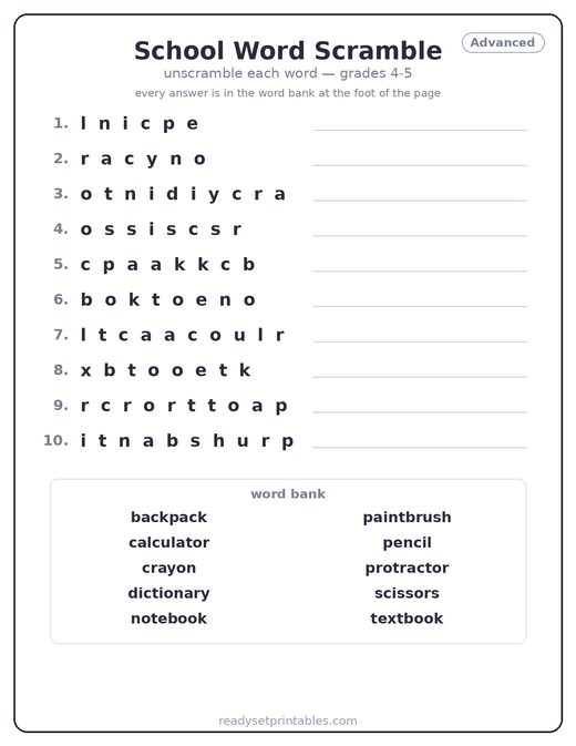 School Word Scrambles