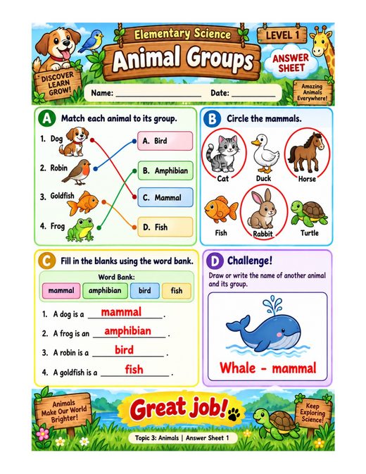 animal groups — free printable animals worksheet for kids answer key