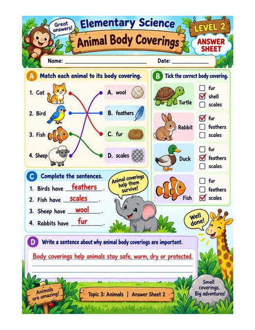 animal body coverings — free printable animals worksheet for kids answer key