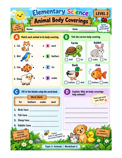 animal body coverings — free printable animals worksheet for kids