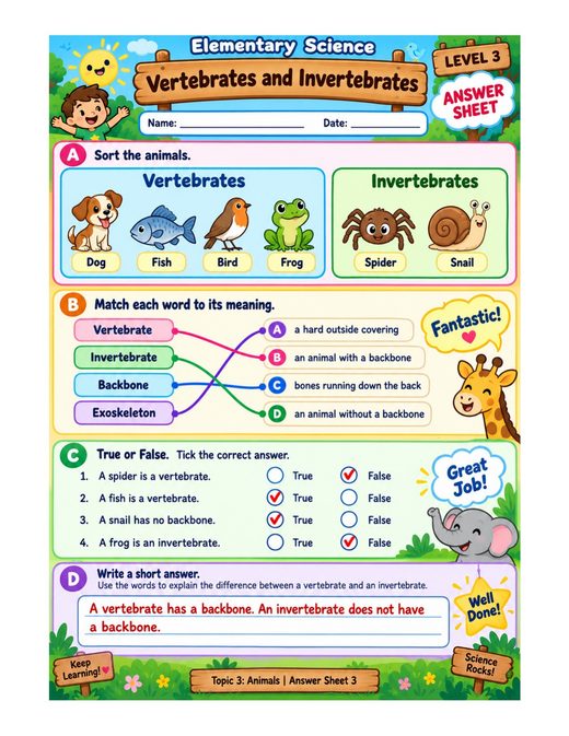 vertebrates and invertebrates — free printable animals worksheet for kids answer key